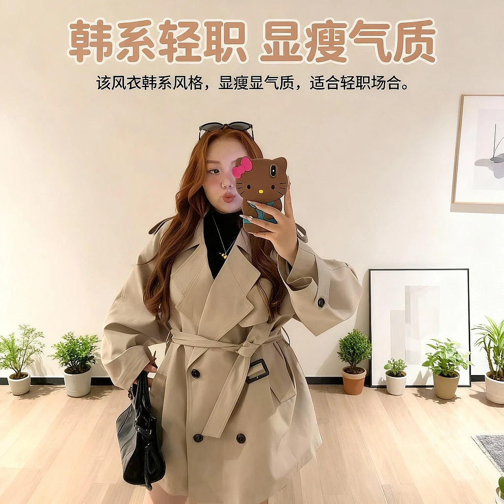 慧芝huizhi 25615风衣 定制款 韩系通勤微胖显瘦气质风衣