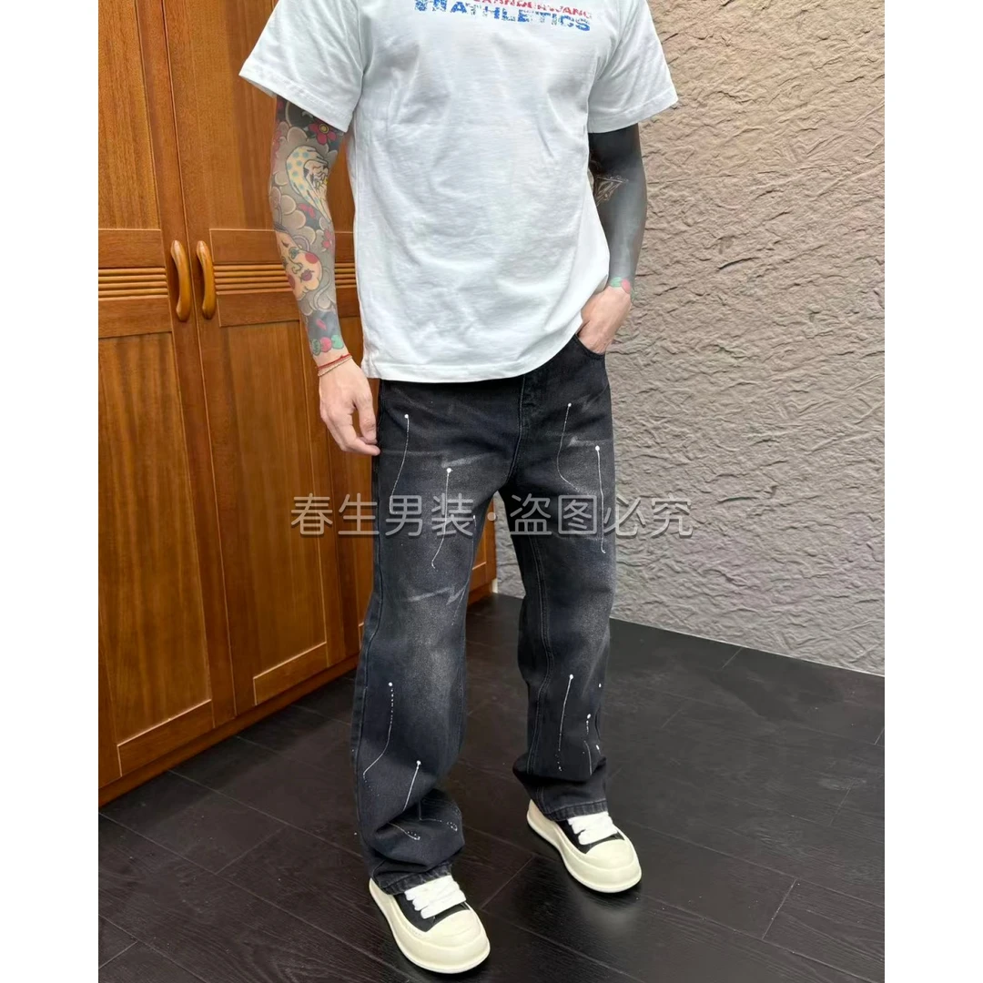 2025秋冬新款时尚休闲百搭破洞大直筒男士宽松无弹牛仔裤1752