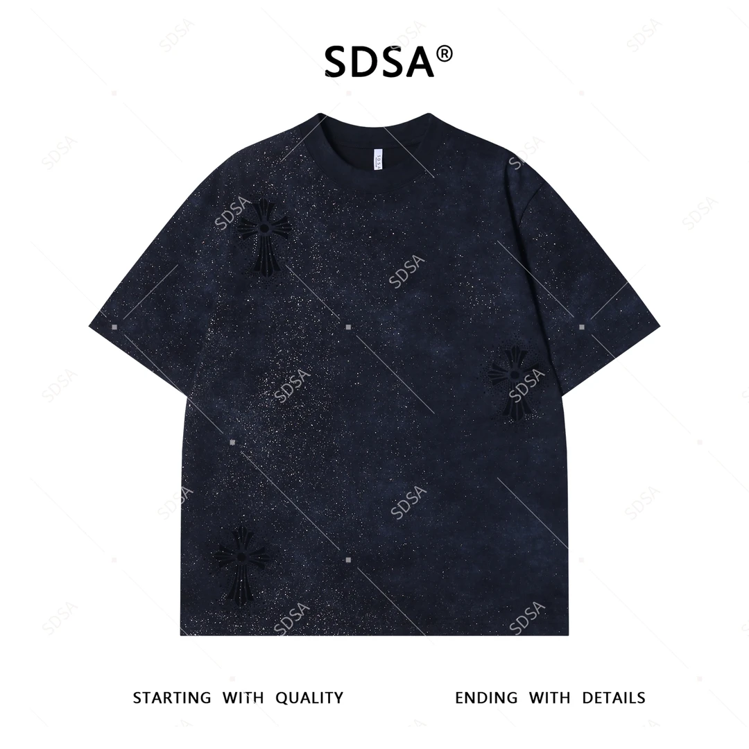 夏季高级感新款男士美式撞色十字印花烫钻短袖T恤重磅宽松上衣