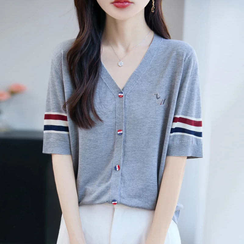 大码哥弟阿玛施正品莱赛尔天丝V领韩版拼色时尚针织开衫短袖女夏