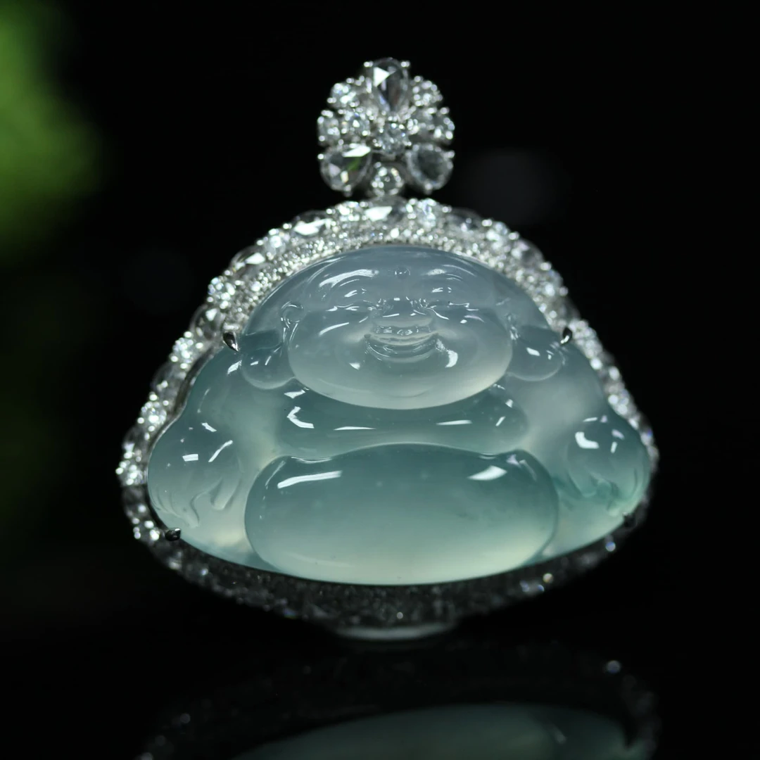 天然缅甸翡翠A货18K白金镶冰飘花怡然自乐佛公吊坠/1230918/拍卖
