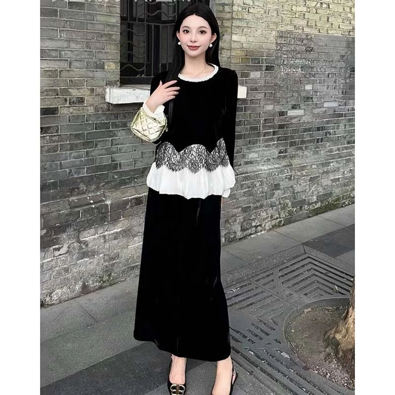 【V】【两件套】一整套穿搭时尚洋气百搭拼接上衣半身裙套装女D3701