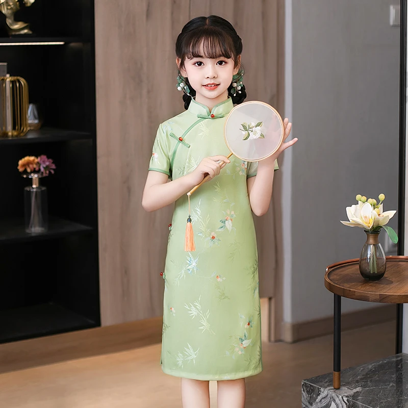 女童绿色旗袍夏款小清新江南风改良新中式儿童洋气连衣裙日常可穿