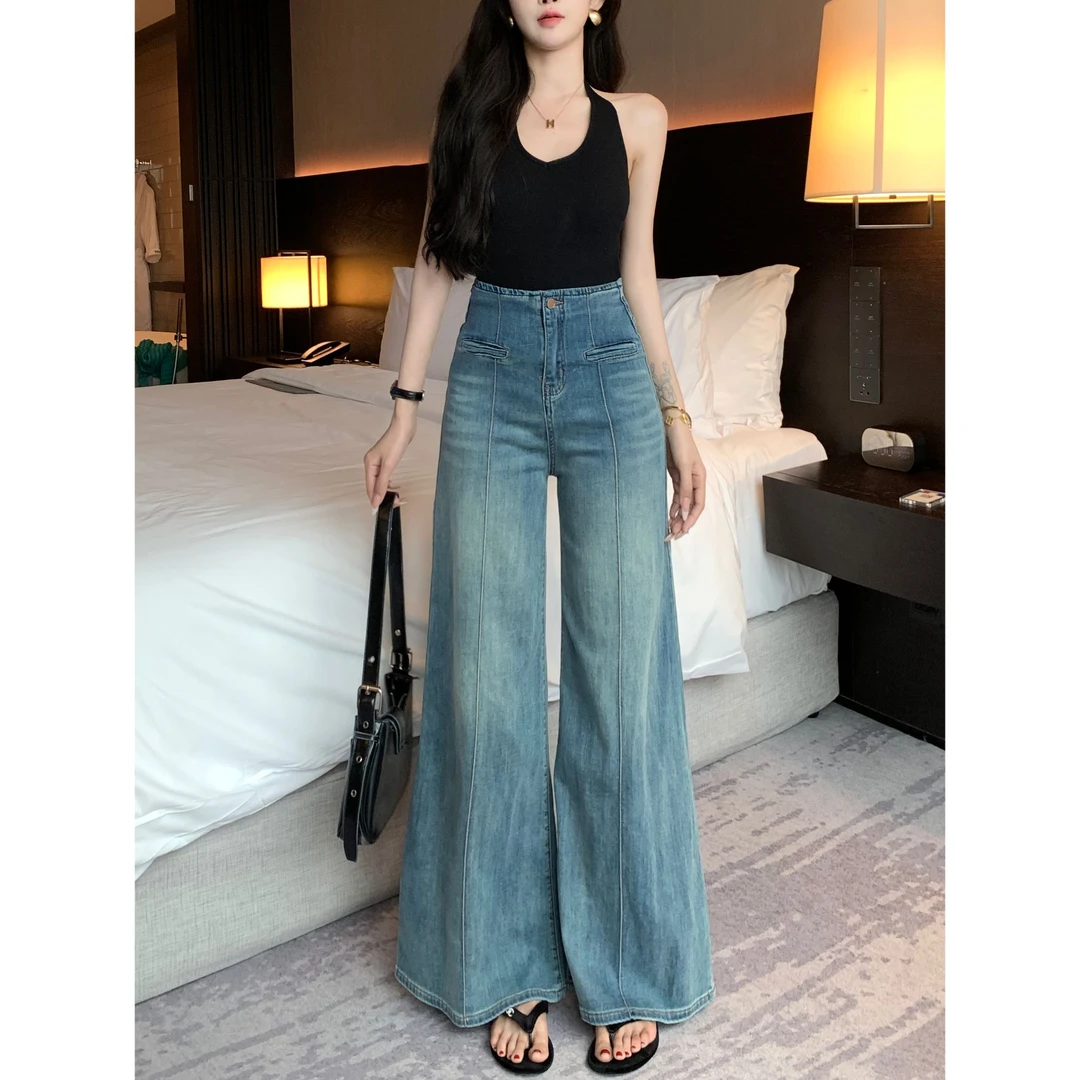 气质线条高腰阔腿牛仔裤女2025秋季新款宽松百搭遮肉休闲垂感长裤