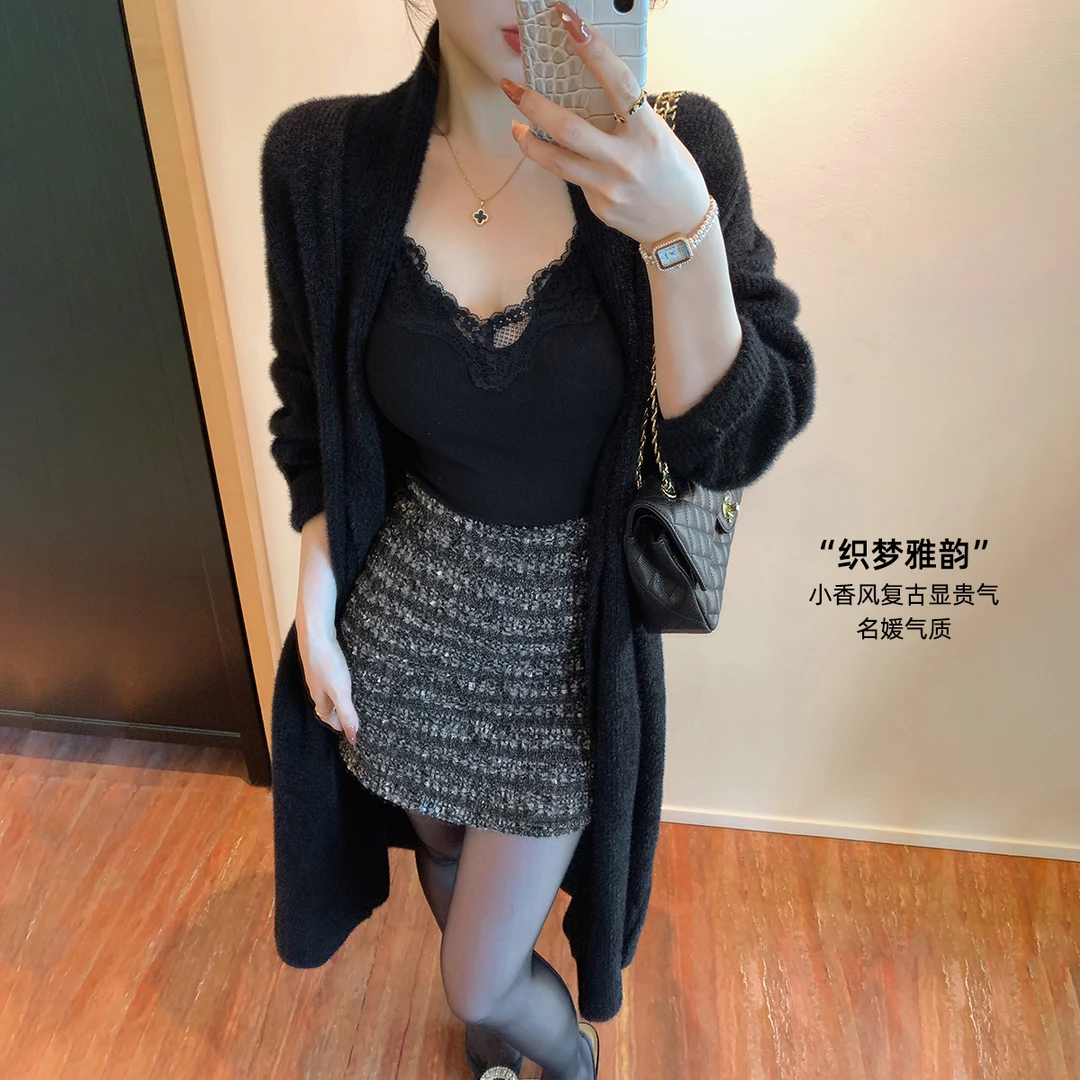 林关关【达人推荐】秋季复古粗花呢肌理半身裙+蕾丝拼接背心套装女