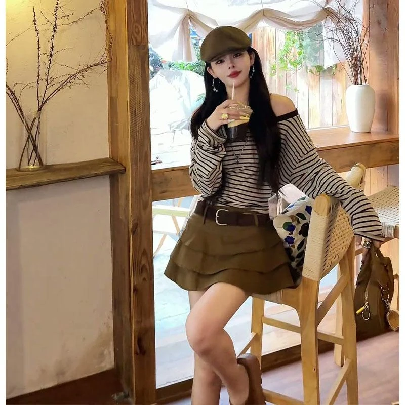 parkyeon韩系穿搭露肩系带条纹长袖上衣女秋季气质高腰蛋糕半身裙