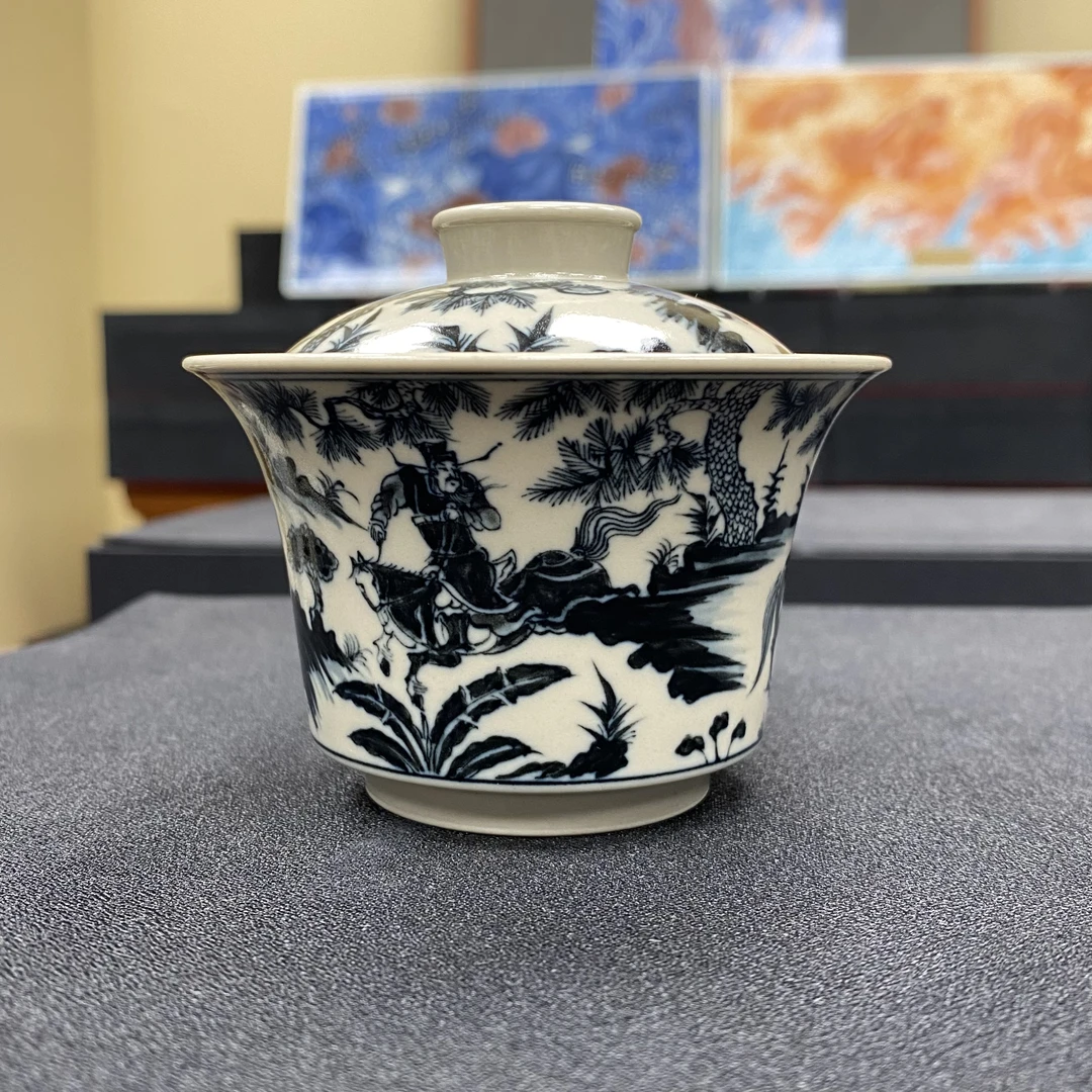 元经秘旨青花二号釉萧何月下追韩信马蹄盖碗景德镇纯手工纯手绘
