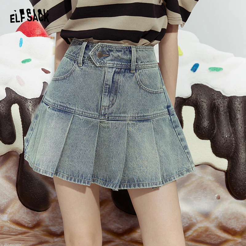 【小铃铛】妖精的口袋苍竹涟影高腰百褶牛仔半身裙夏修身显瘦遮胯