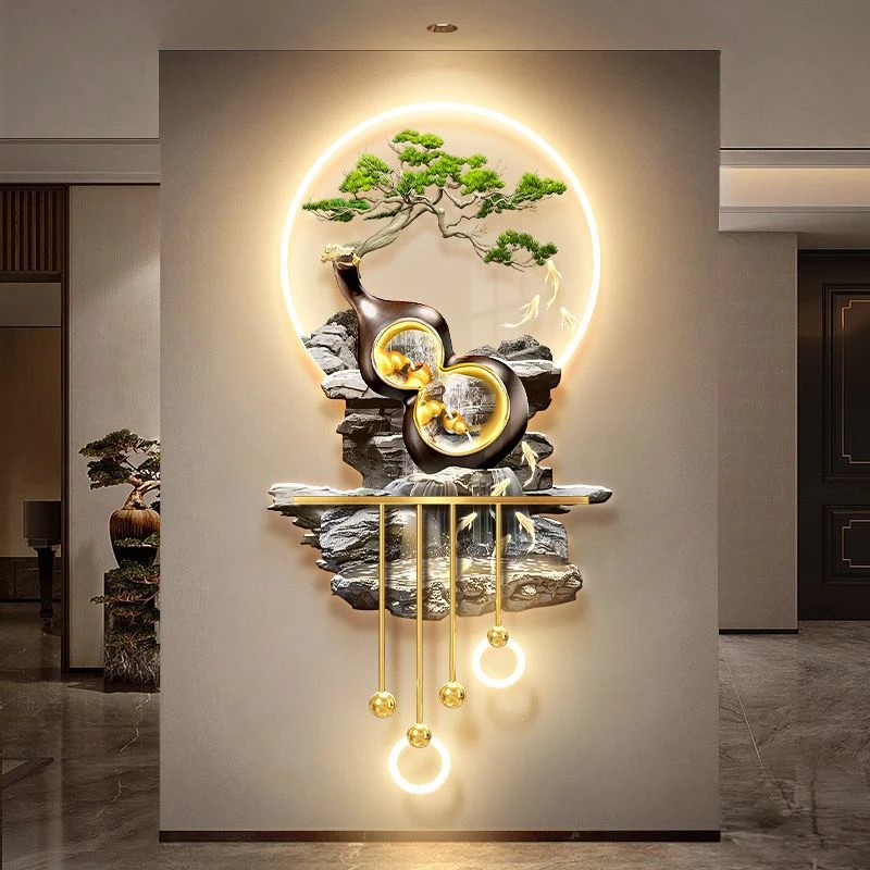 新中式流水生财玄关装饰画聚宝盆走廊挂画葫芦九鱼图入户门壁灯画