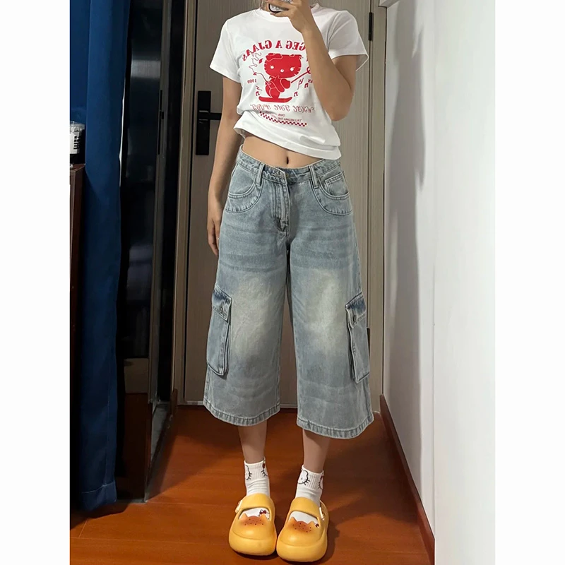 浅蓝色宽松直筒七分工装牛仔裤女2025夏季新款设计感百搭阔腿裤子