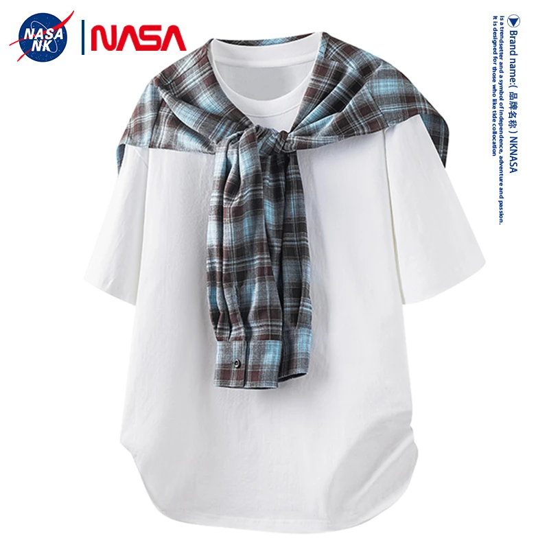NASA联名两件套格子披肩个性短袖t恤男女同款夏季纯棉撞色半袖潮