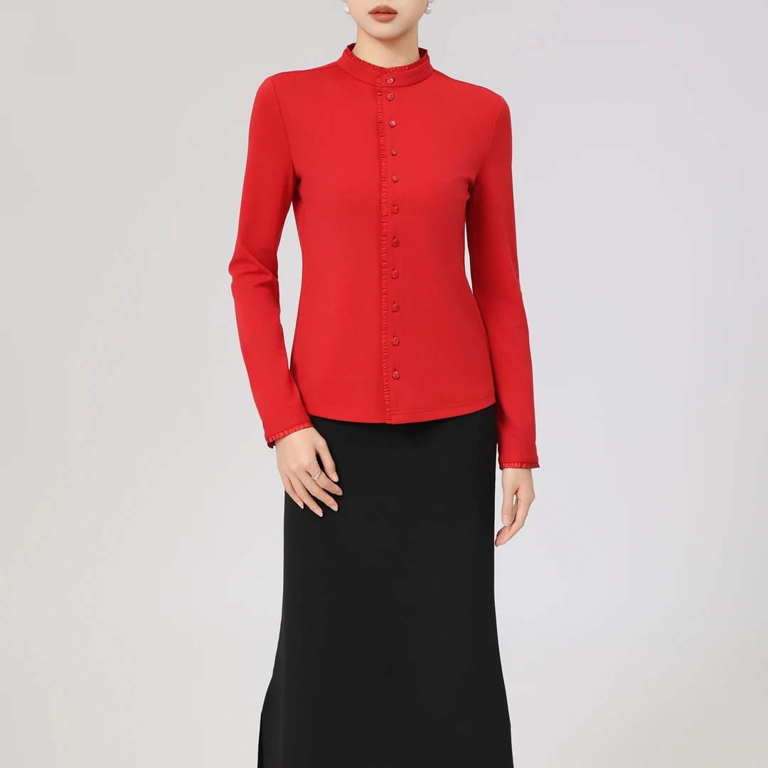 GIRDEAR/哥弟新款法式宫廷风上衣木耳边长袖立领纯色衬衫1300936