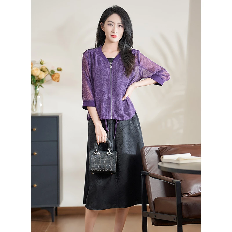 迪欧芙2025年春夏季新款紫色显瘦气质提花短款女装外套#XWT17938