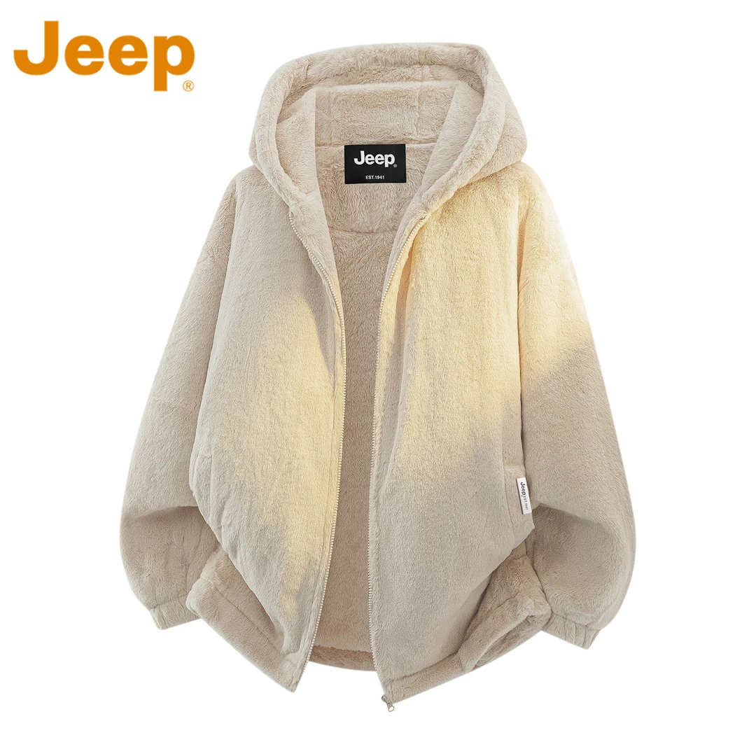 JEEP吉普仿兔毛棉衣男款秋冬季百搭潮流御寒毛绒加绒连帽保暖外套