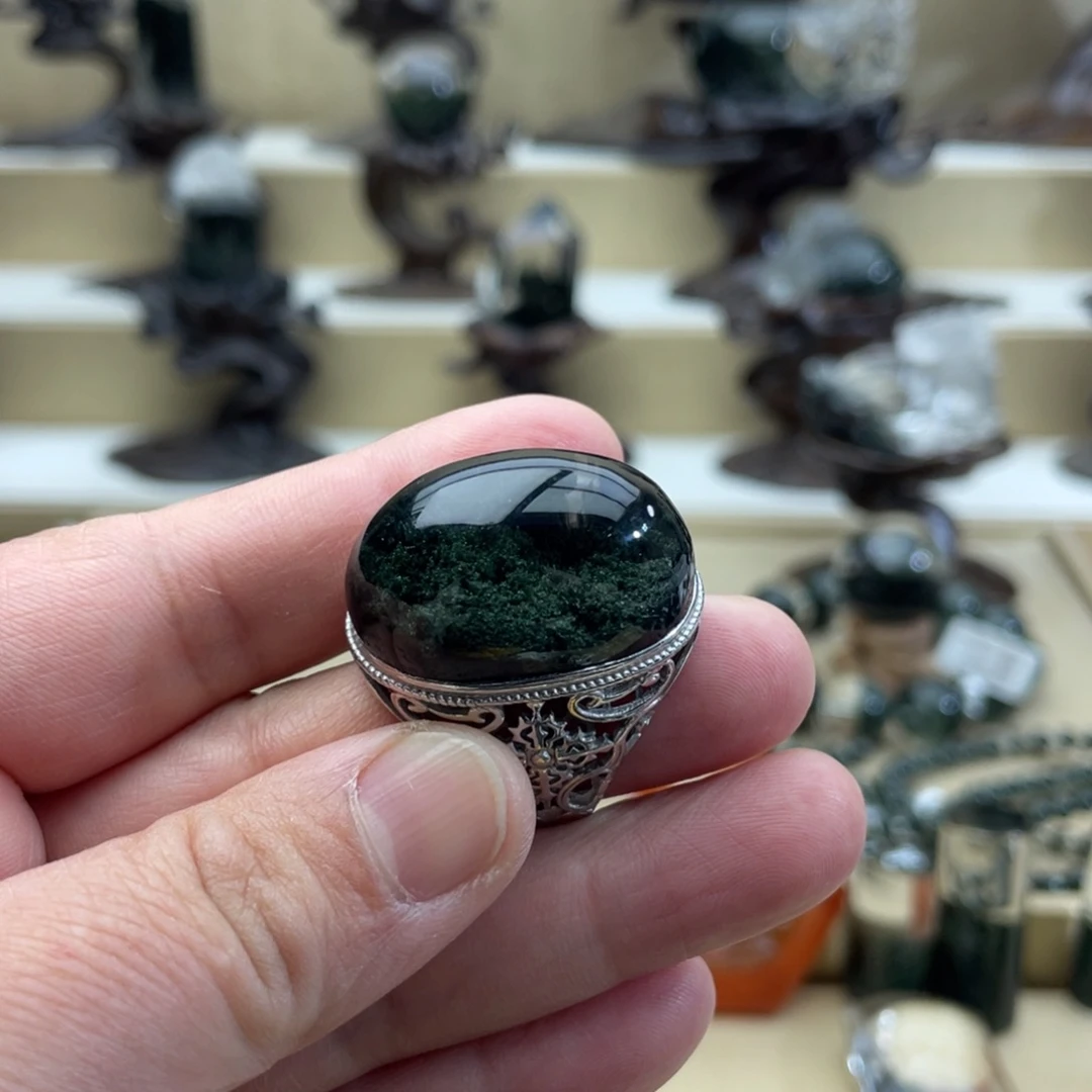 水晶戒指银S925镶嵌申**重绿幽灵戒指