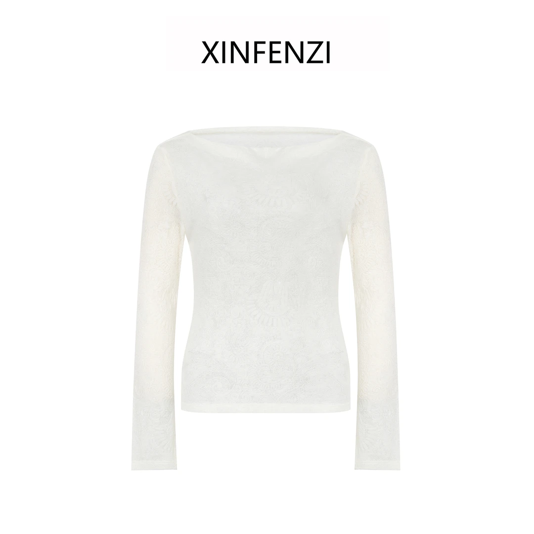【白霜雪】XINFENZI 一字领羊毛提花温柔风针织上衣 WS34333
