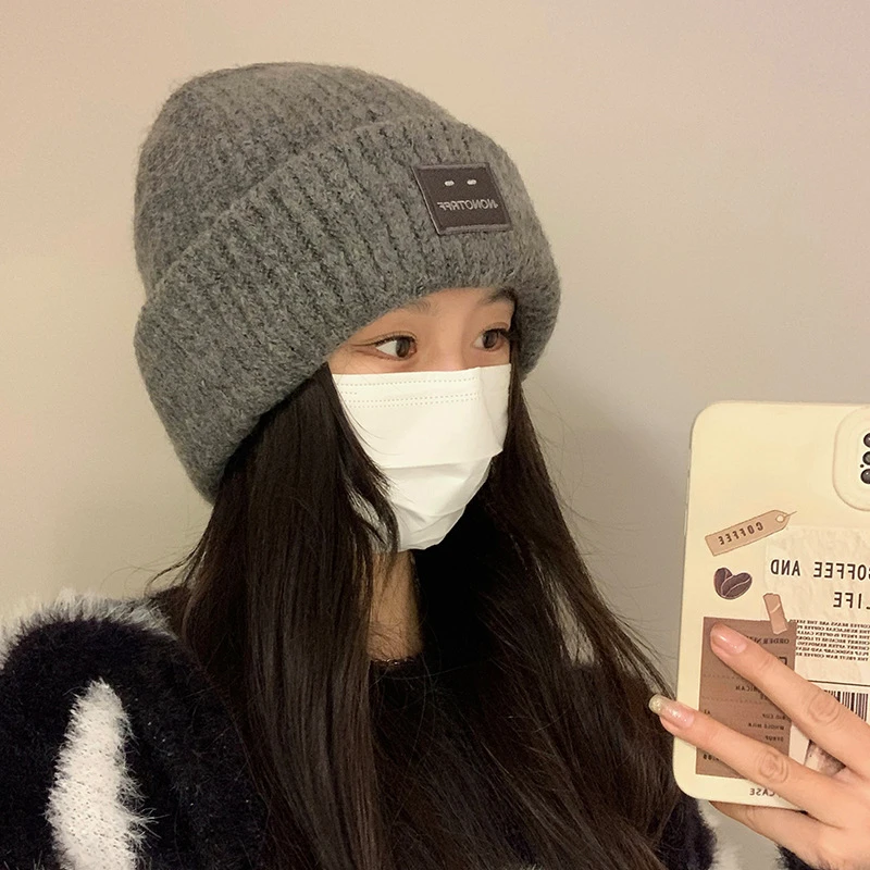 方块笑脸毛线帽子女秋冬百搭保暖羊毛针织帽显脸小护耳大头围冷帽