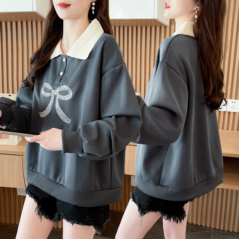 小个子polo领薄款卫衣女春秋新款韩版宽松百搭洋气设计感时尚上衣