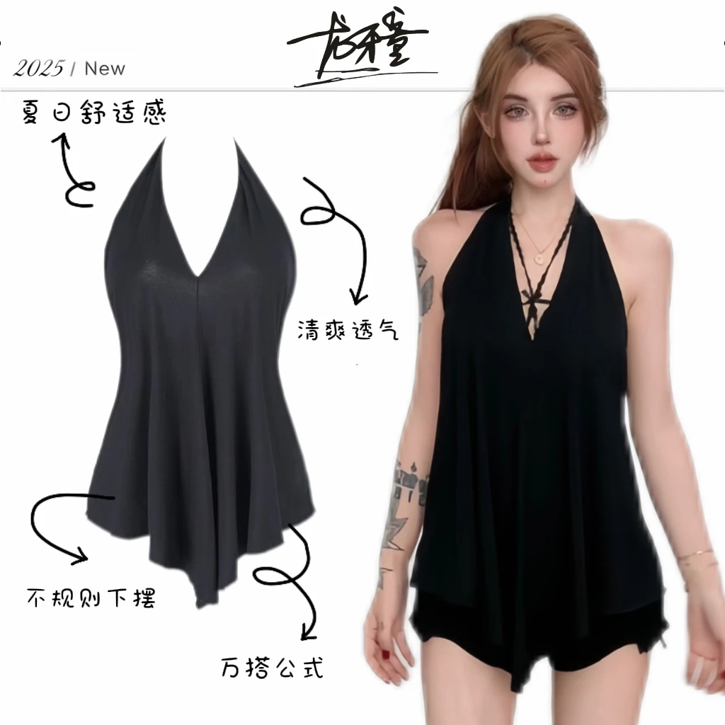 龙牙童推荐【V领挂脖】显瘦赫本风连衣裙舒适性感透气不规则露背