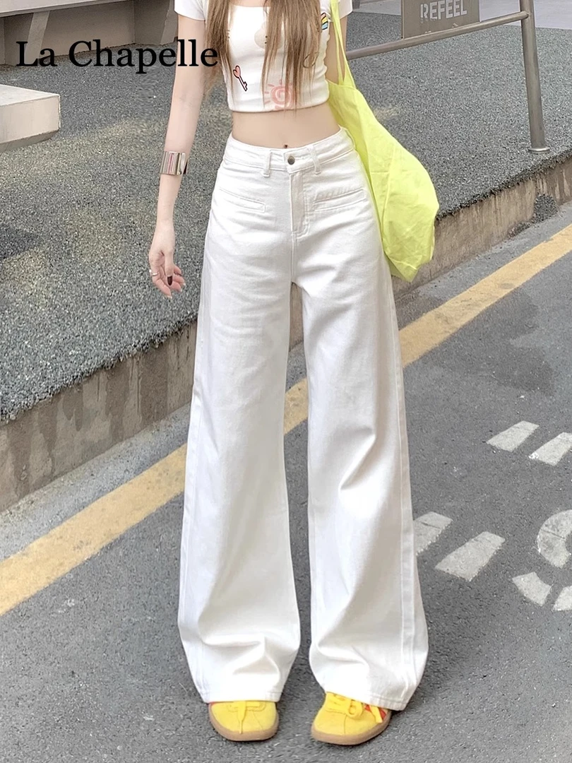韩系白色窄版阔腿牛仔裤女2025年夏季新款高腰显瘦宽松直筒拖地裤