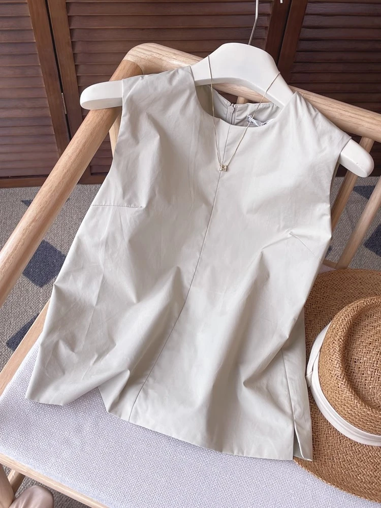 2025夏季设计感衬衫韩系简约百搭奶茶色无袖背心炸街洋气独特小衫