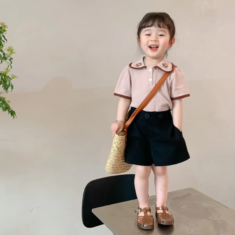 甜美小女孩夏装女童花朵翻领短袖上衣儿童女宝宝泡泡袖T恤娃娃衫