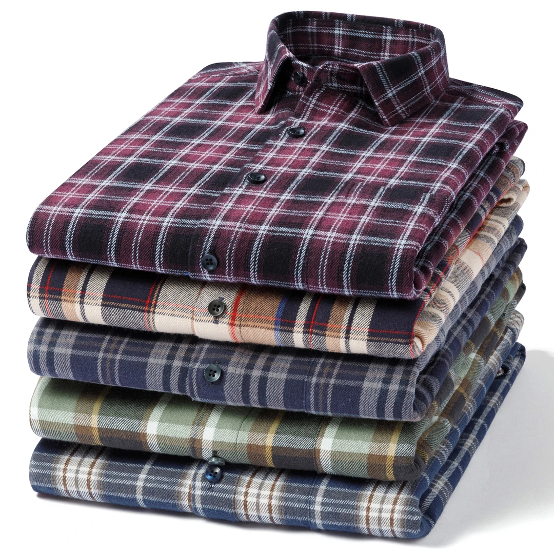 春秋100%纯棉磨毛格子男长袖衬衫爸爸装宽松全棉商务男士休闲衬衣