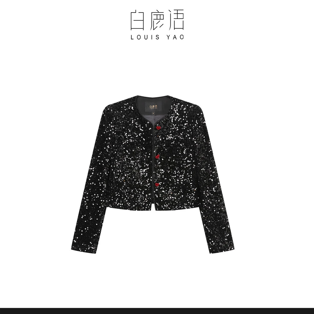 白鹿语女装时尚气质无弹工艺亮片撞色扣女式外套WBY20015