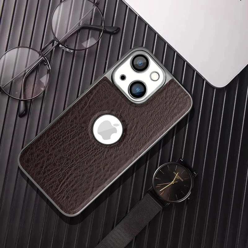 适用【 苹果13】高档手机壳树纹皮套高端超薄防摔商务全包