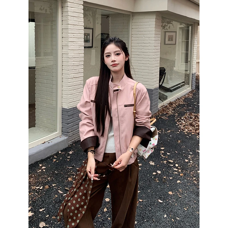 粉色皮衣外套女2025秋季新款韩系复古撞色设计感小众宽松夹克上衣