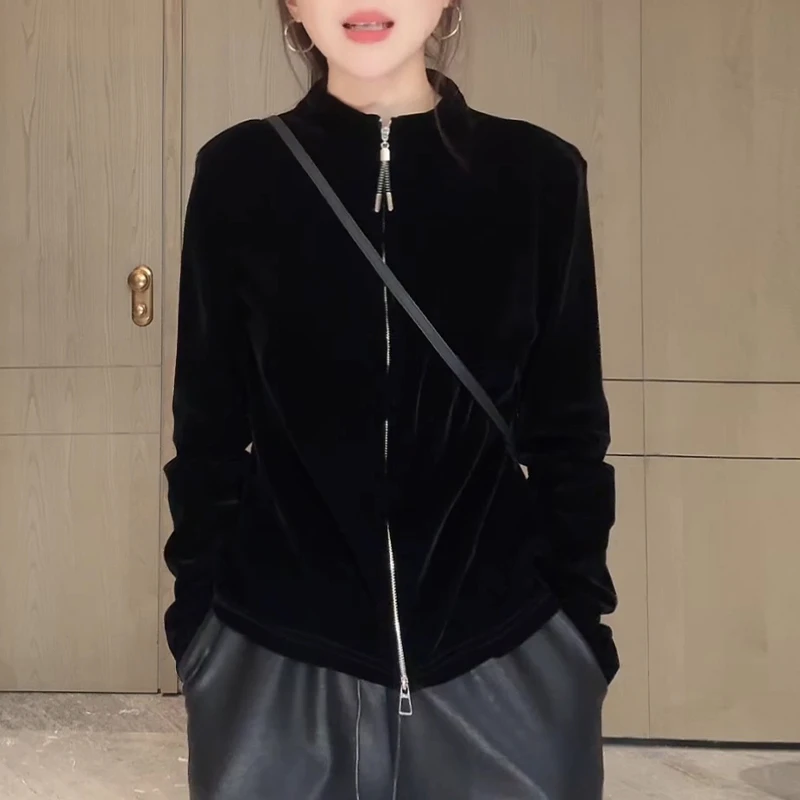 美式复古黑色双拉链丝绒外套女2025春秋新款修身显瘦时尚开衫上衣