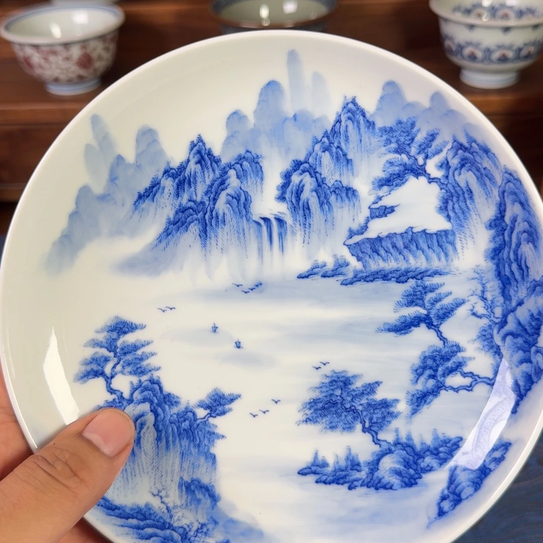 景德镇全手工手绘青花山水壶承