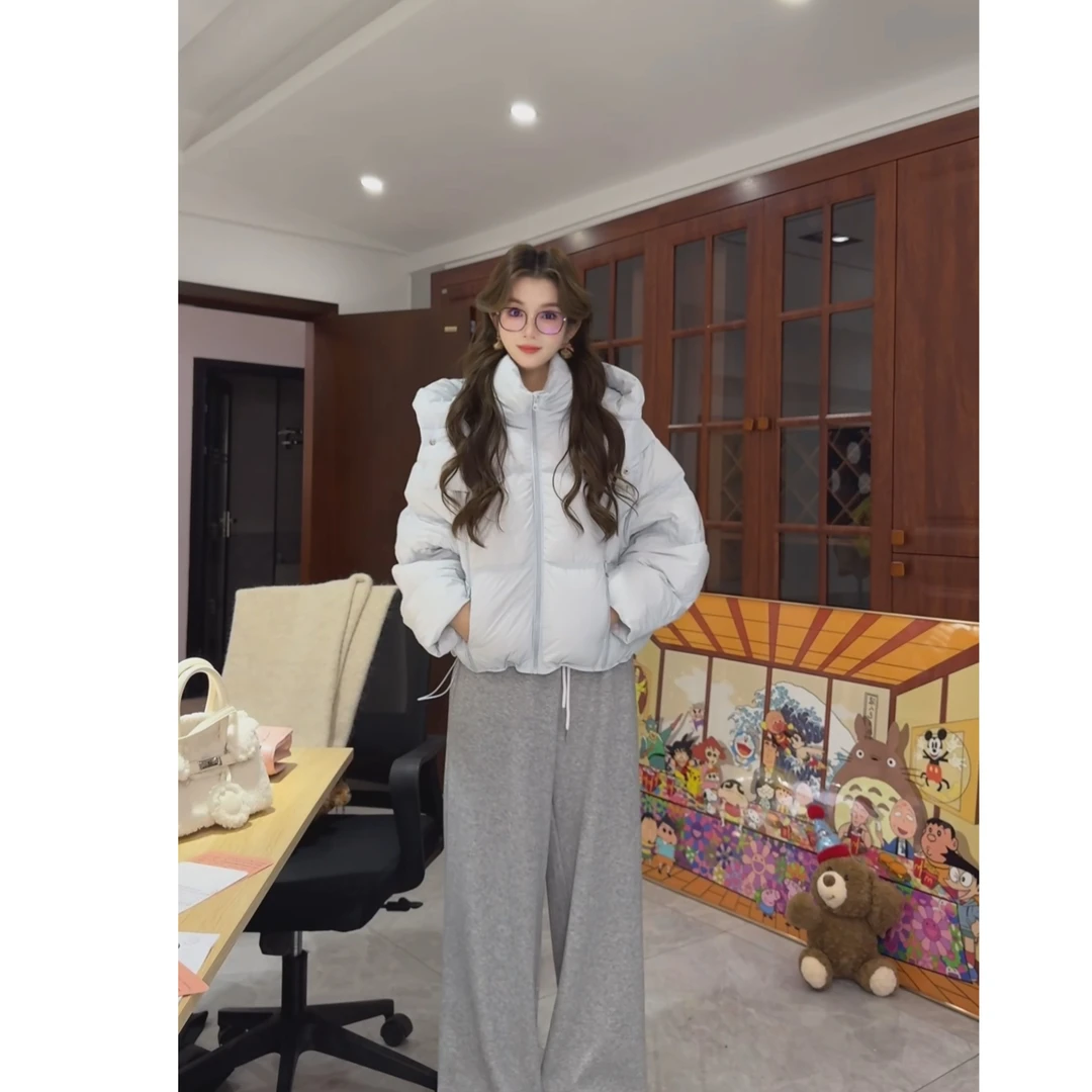 LUOXUE至简90绒  短款防风立领连帽羽绒服 90白鸭绒宽松百搭加厚