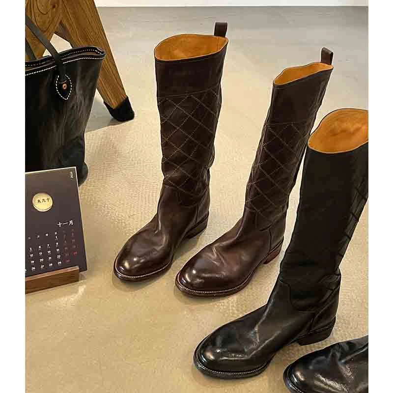 吕小布 | 中古水洗马皮版 手工菱格绗缝冬季长靴韩系瘦瘦靴女0378