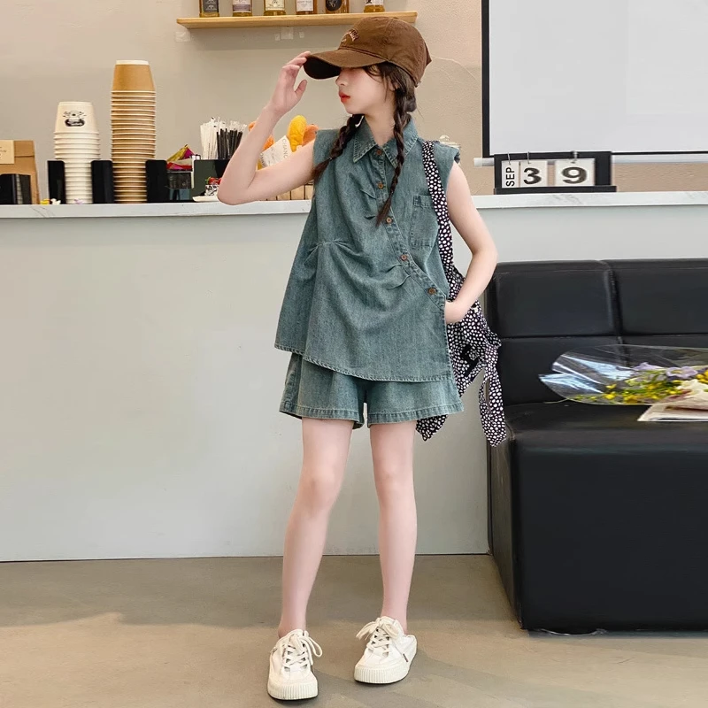 女童夏季无袖短裤牛仔套装中大童小女孩时髦洋气儿童韩系时尚夏装