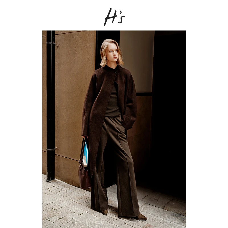 HS安可拉红立领毛呢外套冬季新款女装绵羊毛大衣