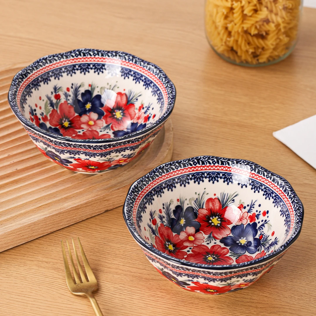 波兰绘梦6英寸面碗两个装釉下彩陶瓷餐具