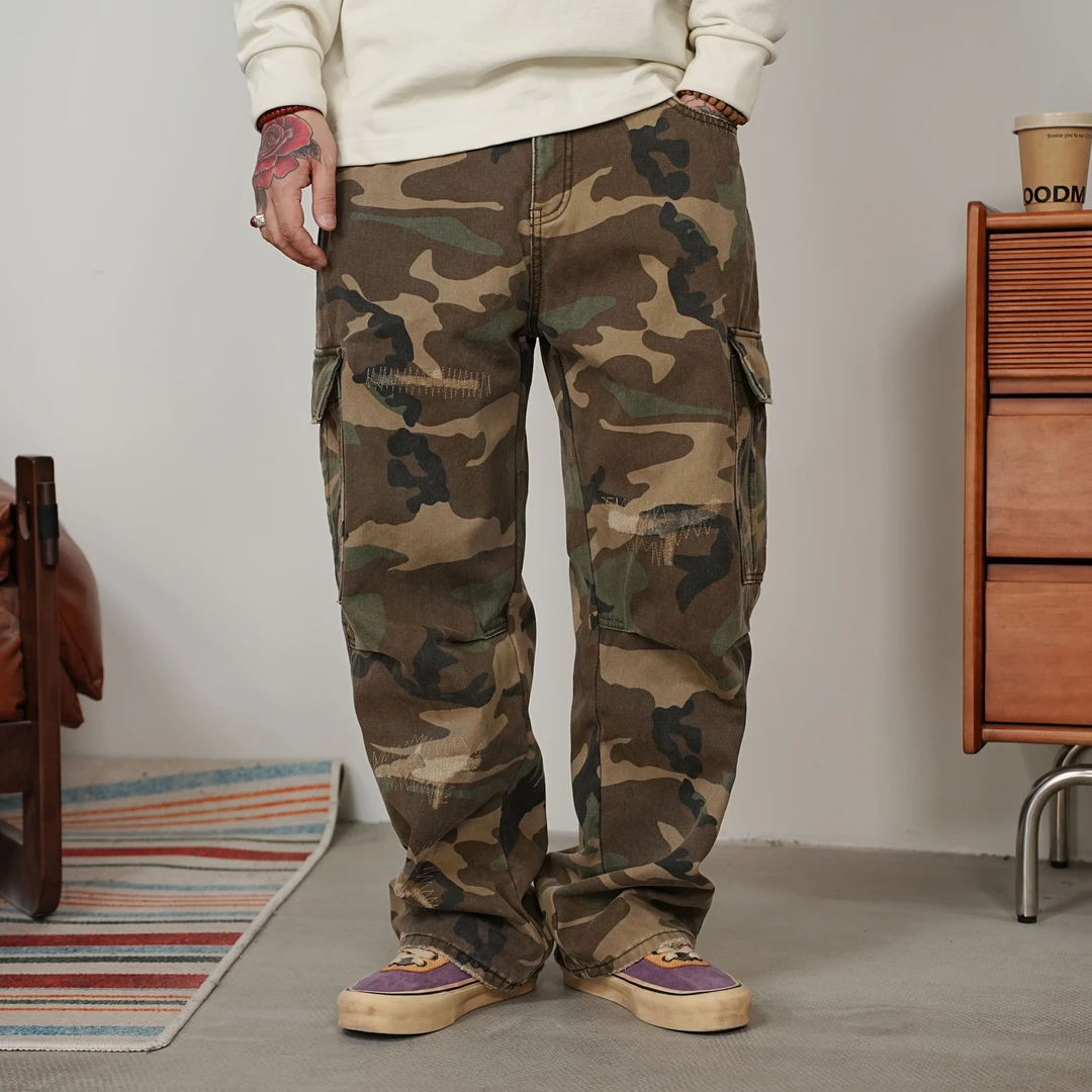 25FW冬季重磅加绒迷彩工装裤日系复古宽松多口袋休闲裤美式工装