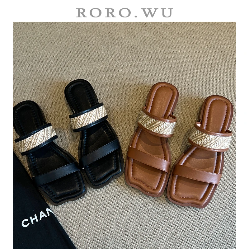 娆娆吴·头层牛皮软底大码一字拖编织拼色真皮凉拖鞋T68