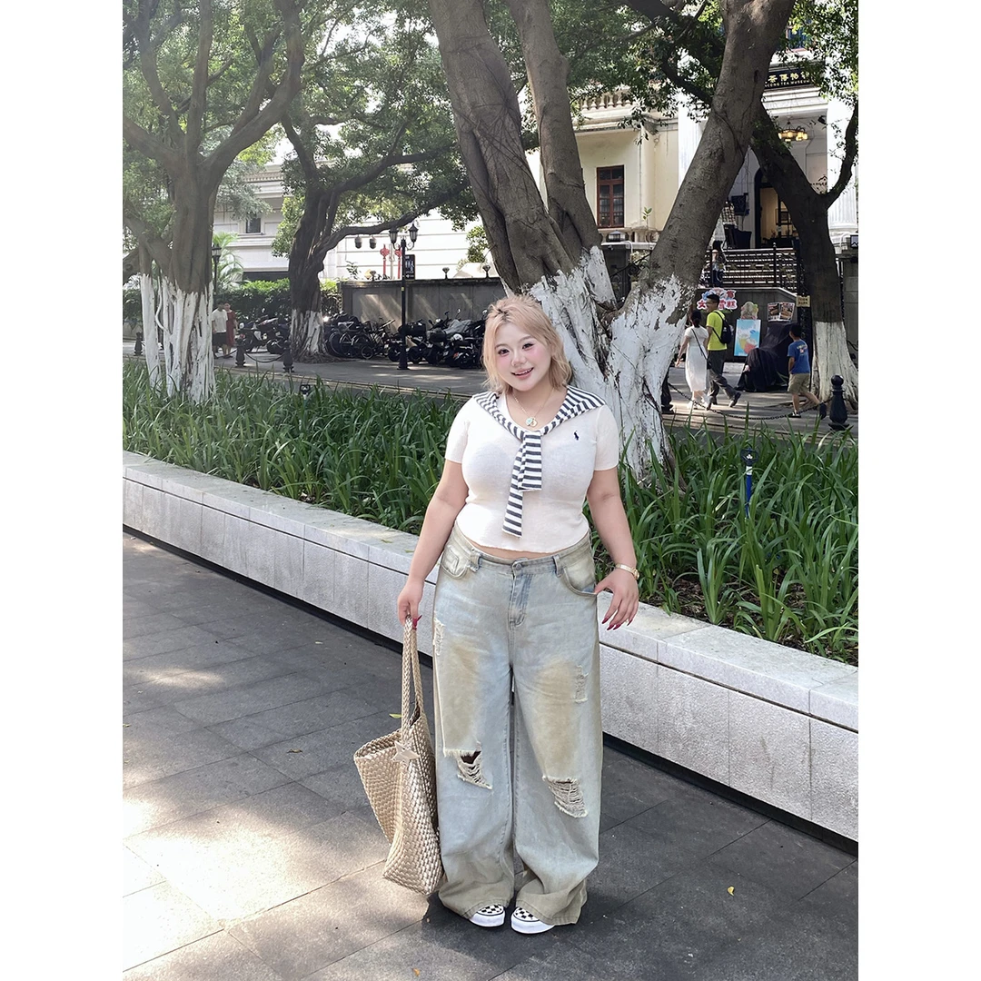 全球花【黄泥牛仔】大码街头风高腰长裤做旧宽松破洞牛仔裤阔腿裤女