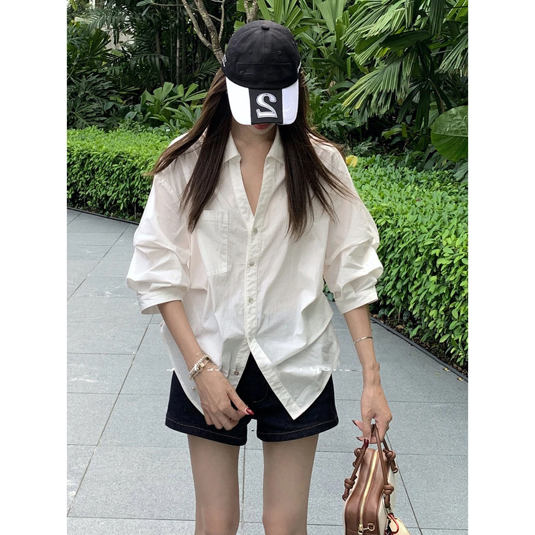 韩系chic简约百搭长袖衬衫女装夏季新款通勤休闲宽松显瘦衬衣上衣