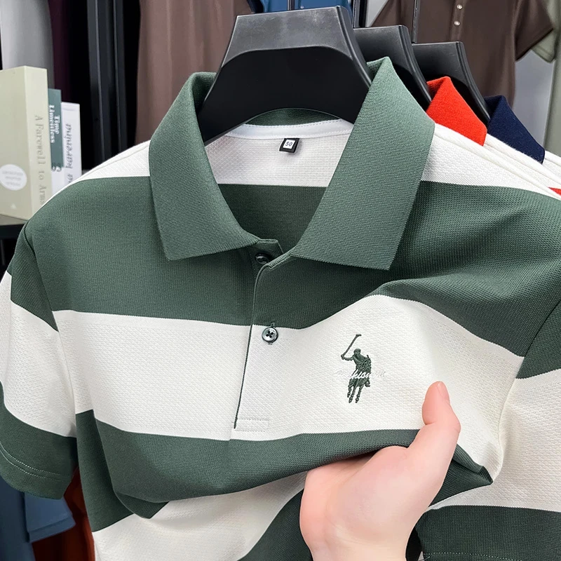 【100%高弹棉】夏季男士翻领条纹宽松半袖时尚大码休闲修身潮流短袖