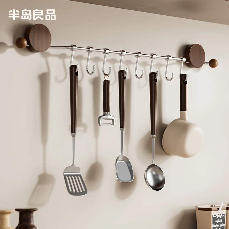 【半岛良品】厨房吸盘联排挂钩杆多功能置物架壁挂锅铲勺子排钩加粗