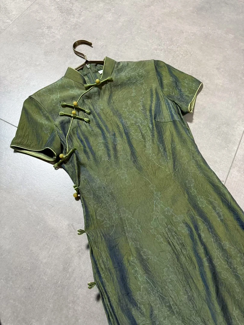 旗袍 长款 复古（衣长约120cm）寒梅 （绿） C500