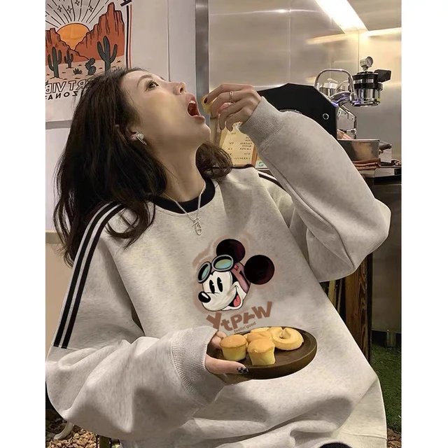 美式覆古三条杠卡通印花圆领厚棉T女无帽秋冬胖mm宽松bf慵懒风上
