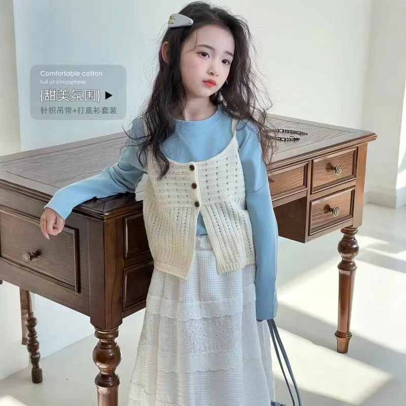2025新款女童韩版春秋套装儿童洋气背心马甲半身裙三件套