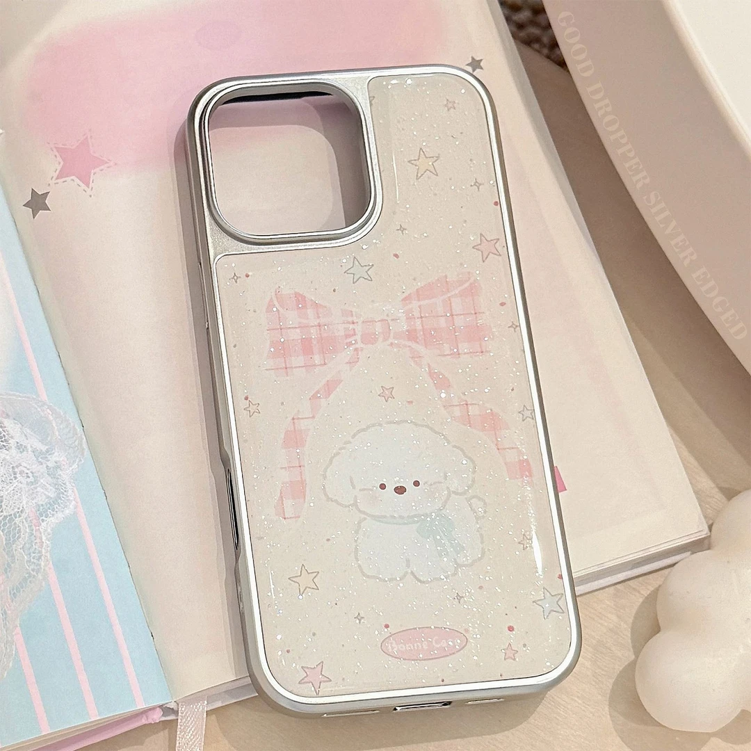 可爱蝴蝶结小狗造型滴胶闪粉硬质苹果手机壳适用于多型号卡通少女