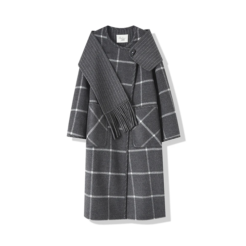 L33【双面双穿&澳洲羊毛】围巾长款格子双面呢大衣2024新款格子外套