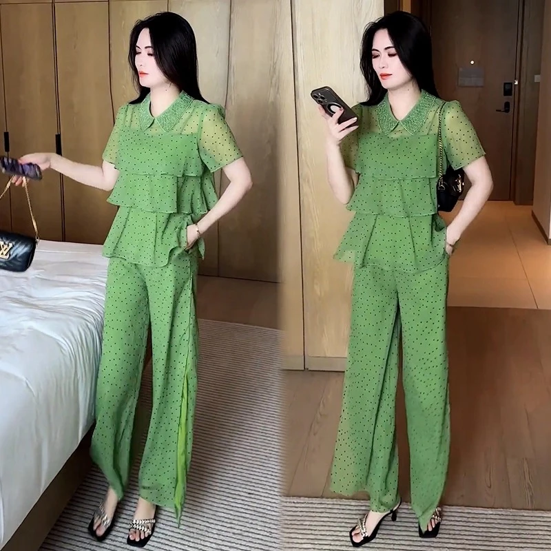 时尚套装女2025夏季新款时髦洋气设计感波点上衣阔腿裤气质两件套