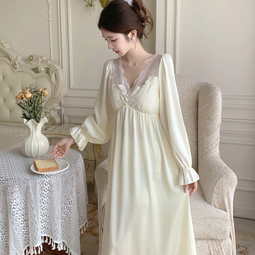 【盛朵】带胸垫新中式睡裙柳叶丝长袖宽松蕾丝家居服女裙子睡衣温柔